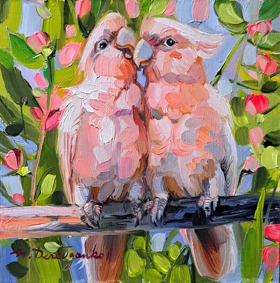Pink parrot oil painting original birds art framed 5x5 inch