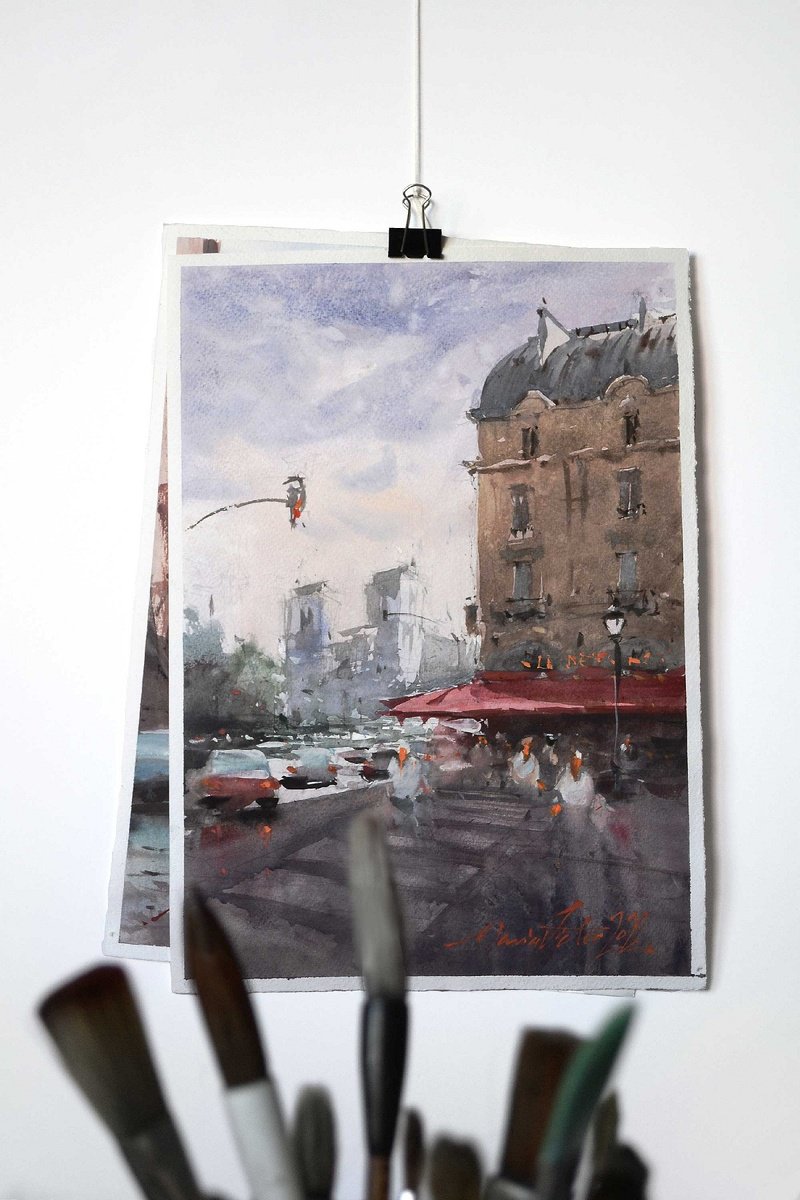 Impressionistic Cityscapes Watercolour By Marin Victor, 9 X 13", Paris, Original Watercolor, Original Artwork