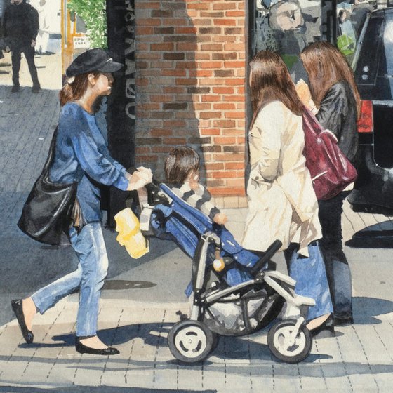 Mother and Stroller in Sunlight - Watercolor