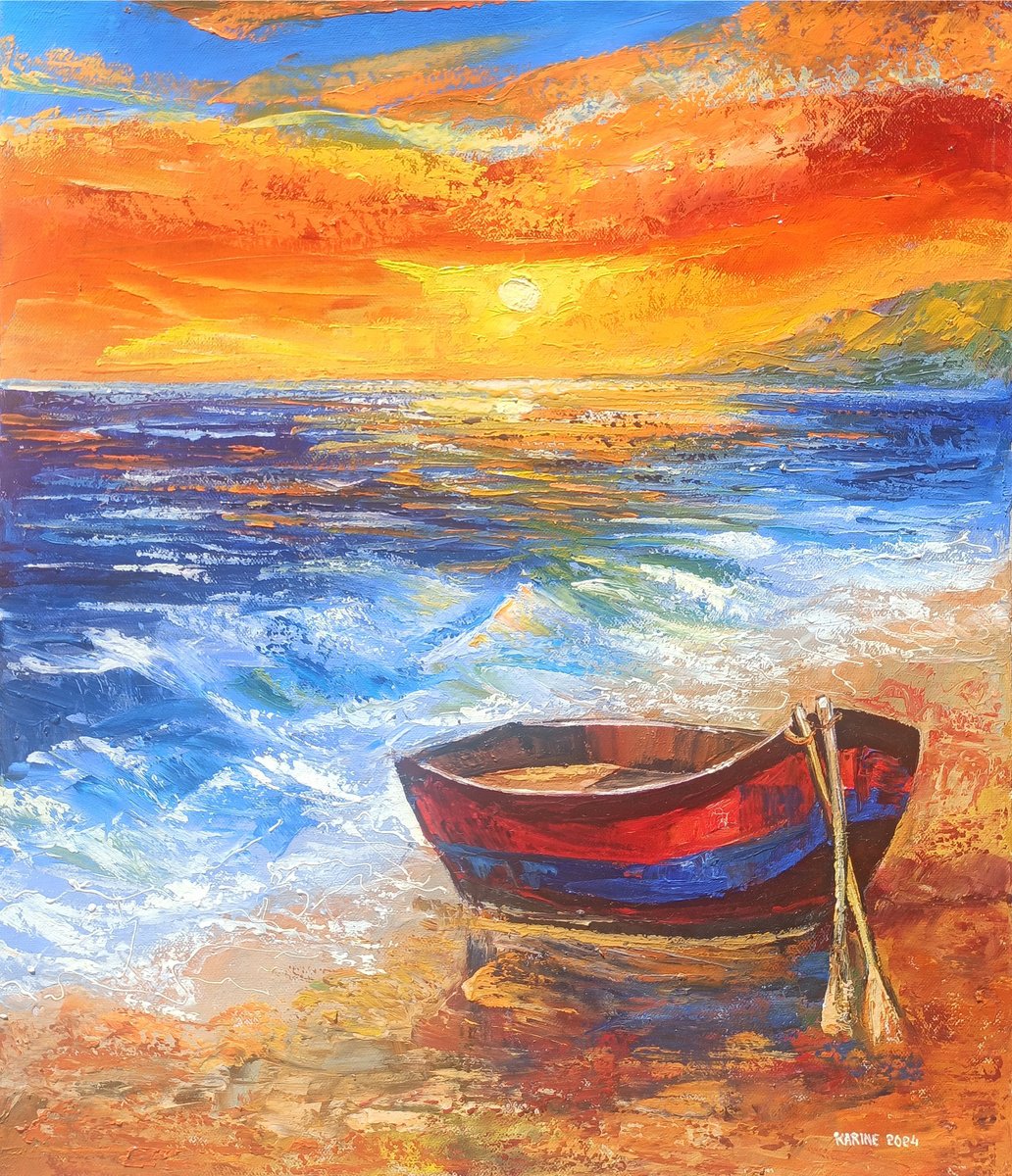 Impressionistic Landscape Oil Painting By Karine Harutyunyan, 20 X 24", Solitude By The Sea, Original Artwork