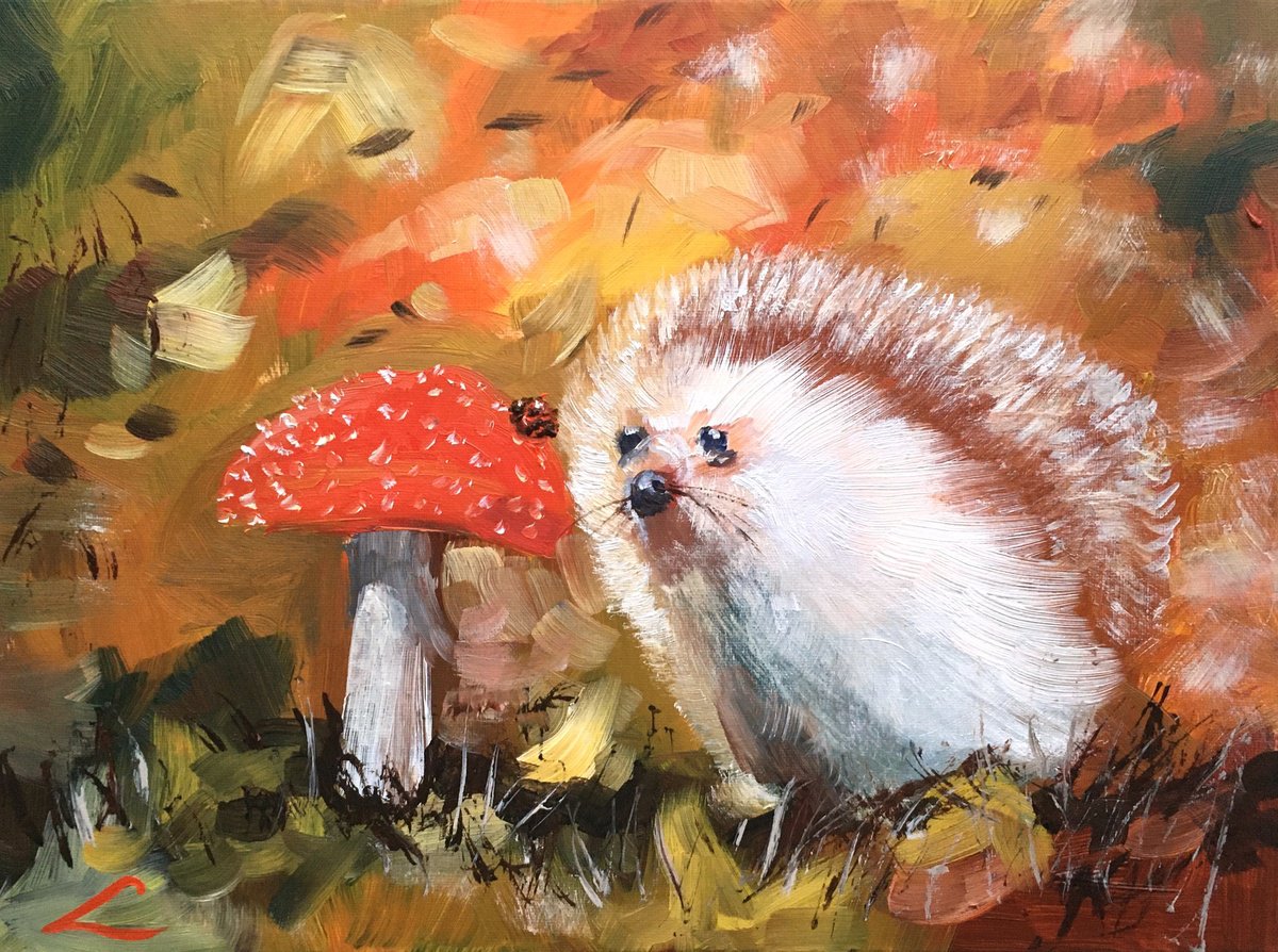 Impressionistic Animal Oil Painting By Elena Sokolova, 16 X 12, Autumn Hedgehog, Original Artwork
