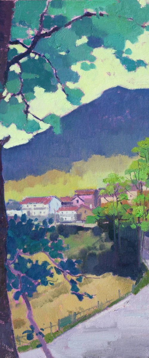 Landscape oil painting:Big trees in front the village 108 by jianzhe chon