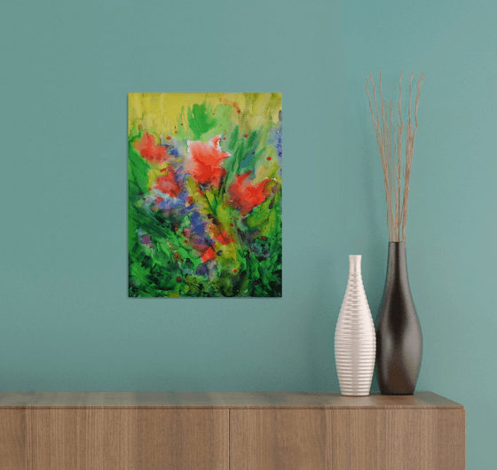 Abstract flowers watercolor painting, red poppies wall art, abstract original painting