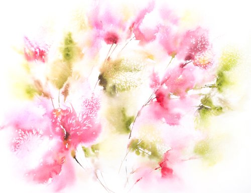 Abstract flowers, soft pink floral bouquet, watercolor by Olga Grigo