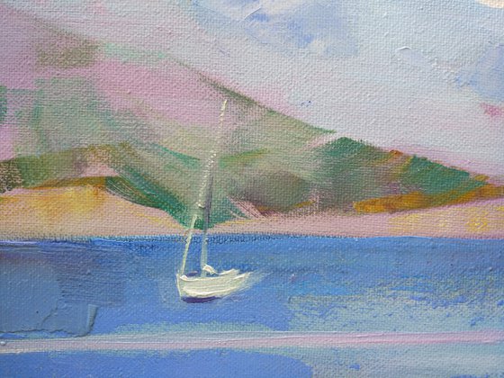 Appeasement near the Sea . Yachts in Montenegro . Original plein air oil painting .