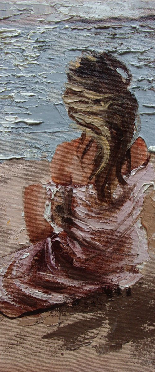 " LISTENING TO SILENCE ... " SUN SKY SEA SAND liGHt  ORIGINAL OIL PAINTING, GIFT, PALETTE KNIFE by Monika Luniak
