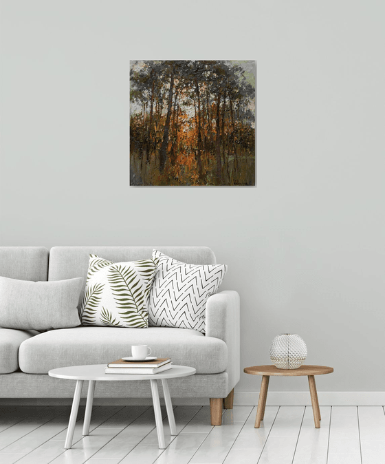 Autumn forest at sunset  Landscape painting