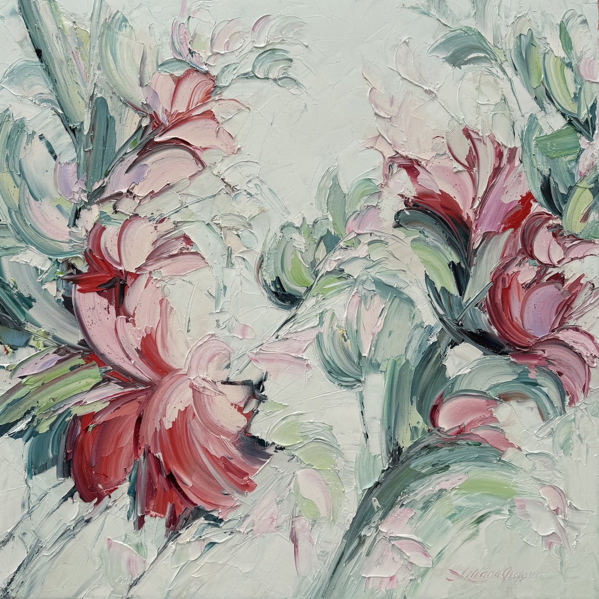 Impressionistic Botanical Oil Painting By Liliana Gigovic, 36 X 36", Pink Magnolia No 8, Original Artwork