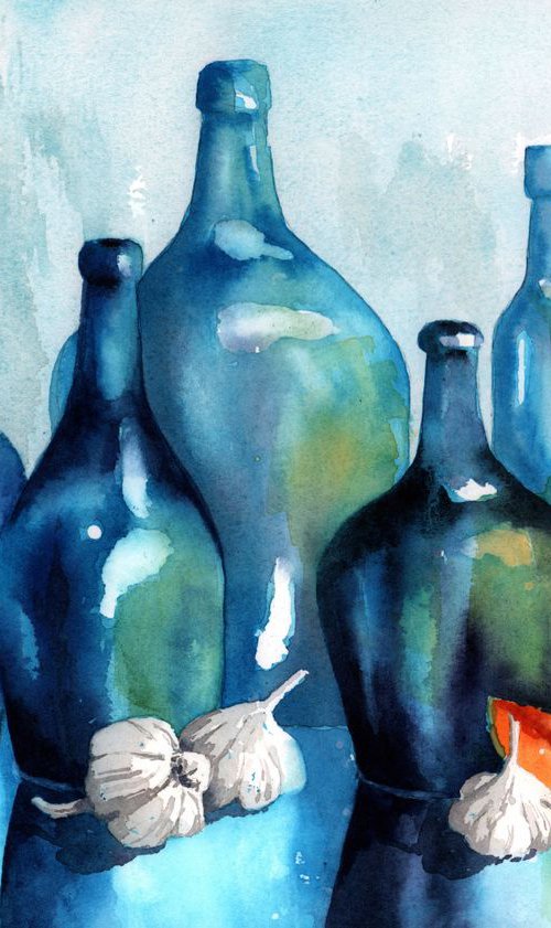 Symphony in Blue - watercolour bottlescape - original by Alison Fennell