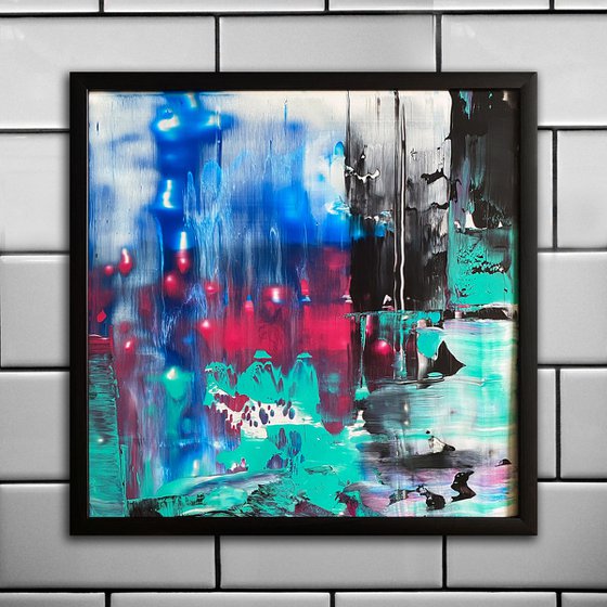 "Tokyo City Lights" - Original PMS Abstract Acrylic Painting On Plexiglass, Framed - 26" x 26"