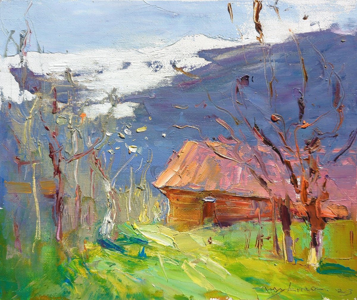 Spring in the mountains . Small house in the village Original oil painting by Helen Shukina