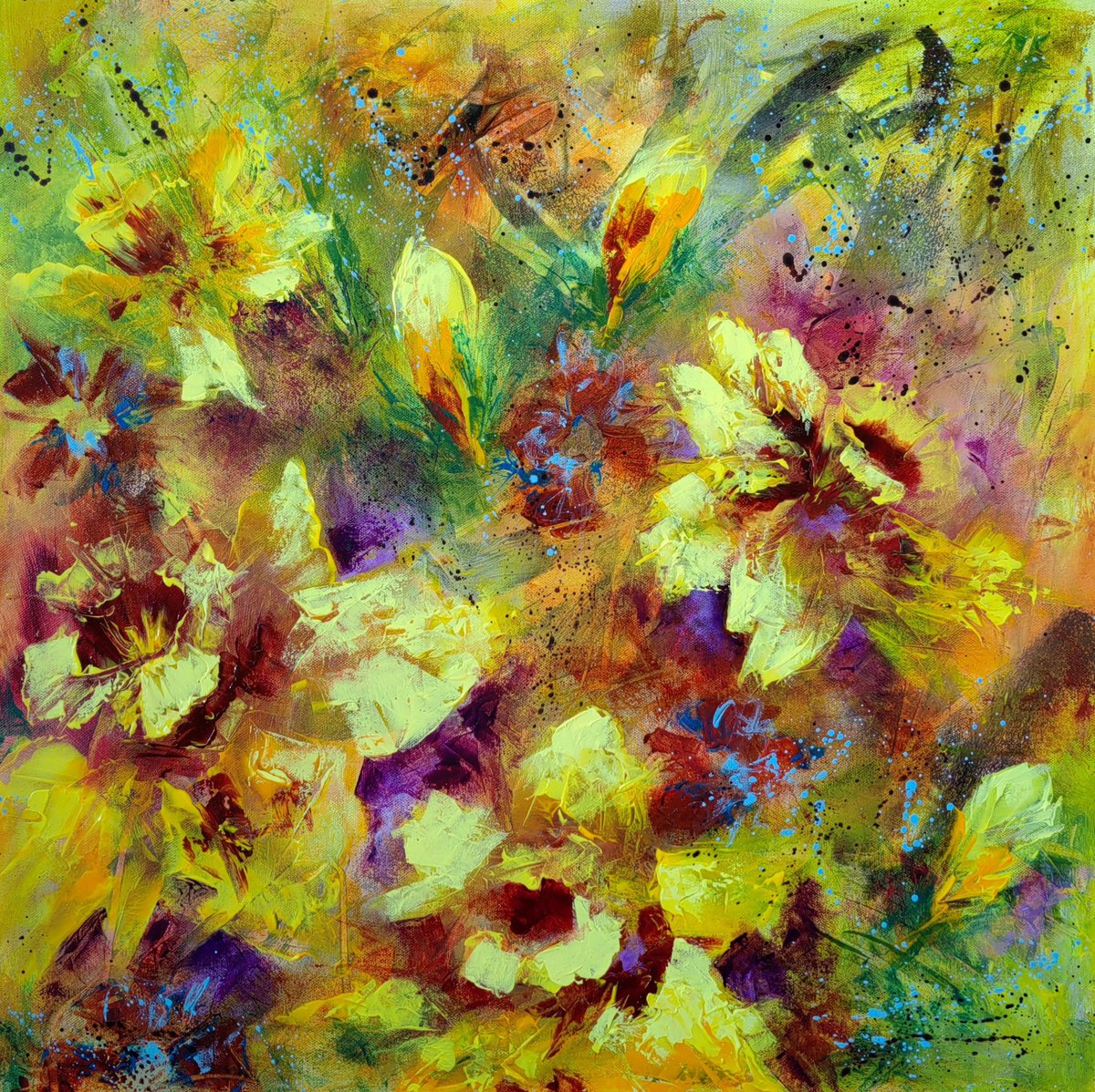 Abstract Botanical Acrylic Painting By Vera Hoi, 24 X 24", A Dazzling Daffodil Dance, Original Artwork