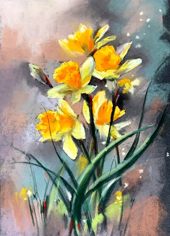 Yellow Daffodils Soft Pastels Drawing