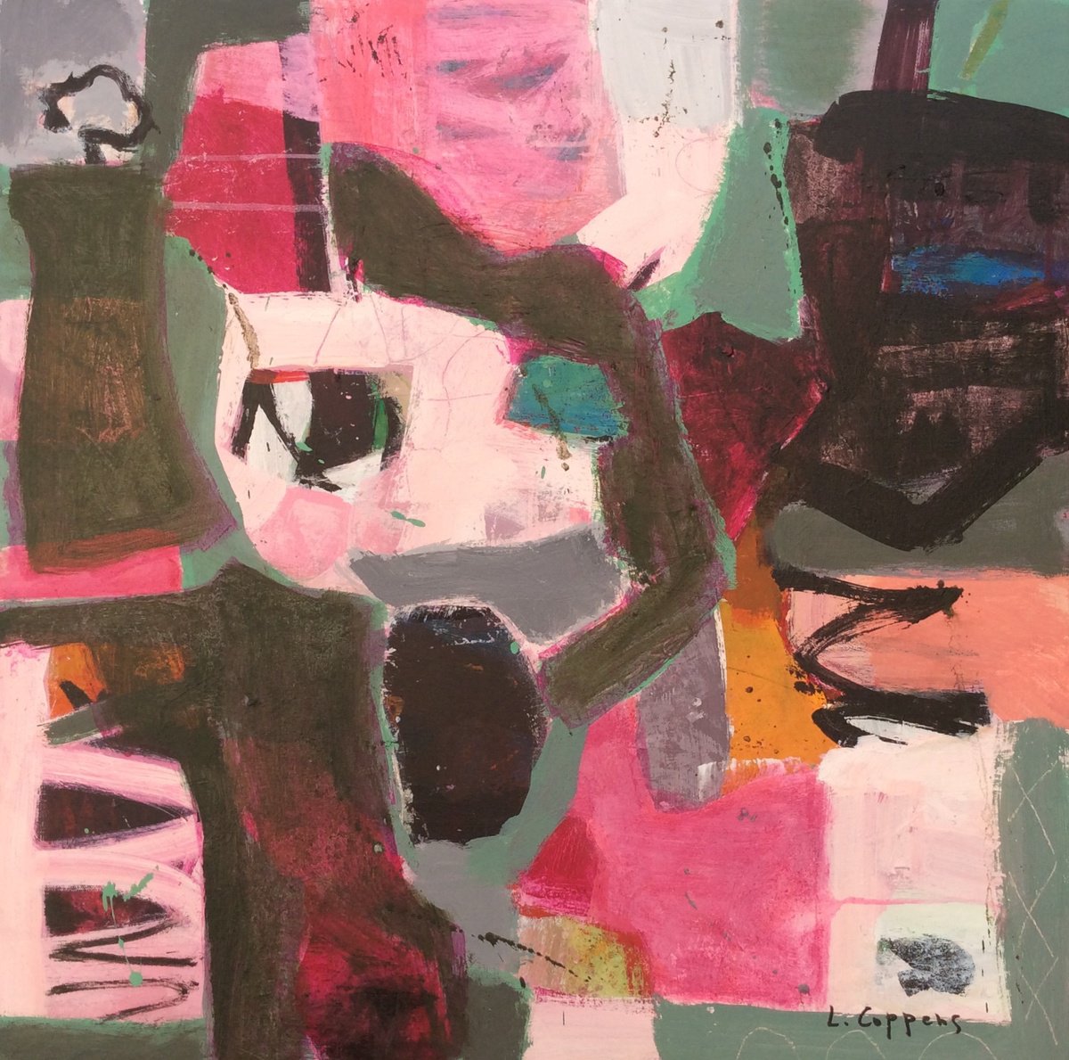 Organic Abstract Acrylic Painting By Linda Coppens, 28 X 28", Blush And Turquoise Tango, Original Artwork