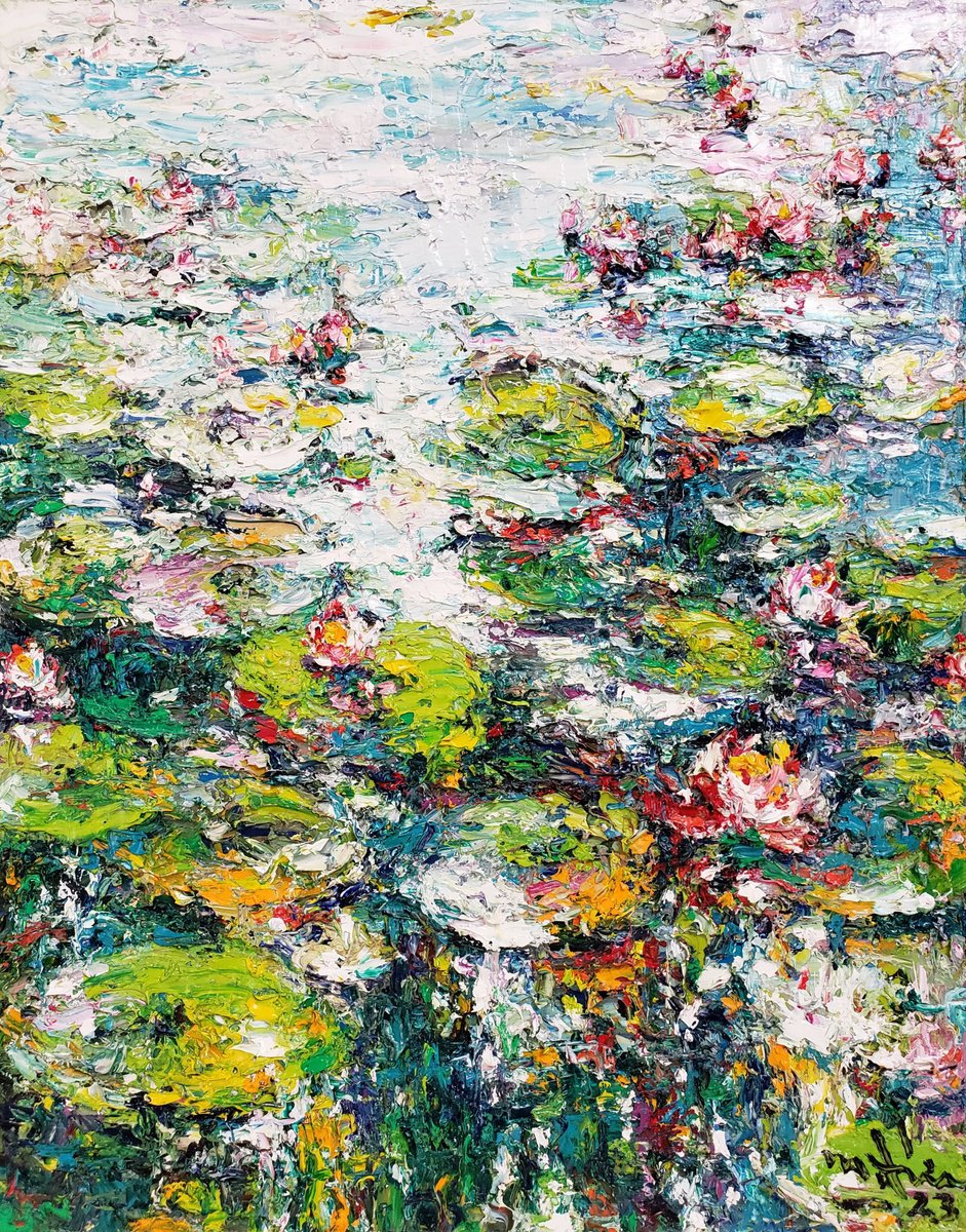 Impressionistic Botanical Oil Painting By Duc Tran, 16 X 20, Water Lily, Original Artwork