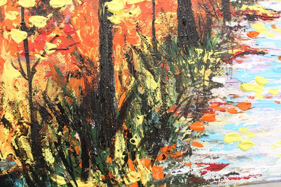 Walk in the Rain -Autumn trees -Acrylic painting on stretched canvas -Impressionistic Landscape painting