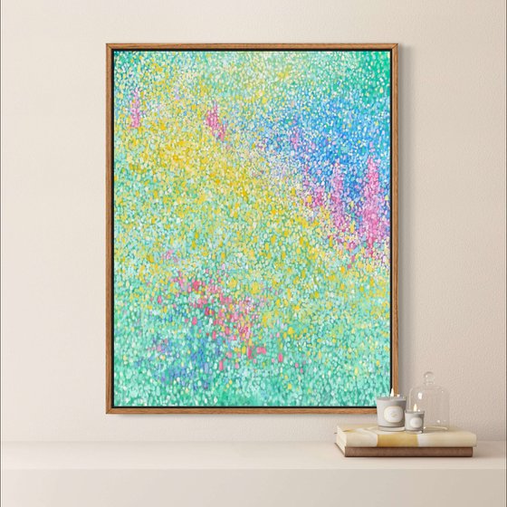Blooming mosaic, abstract garden painting on canvas