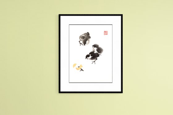Three chickens pecking the loquat fruit - Oriental Chinese Ink Painting