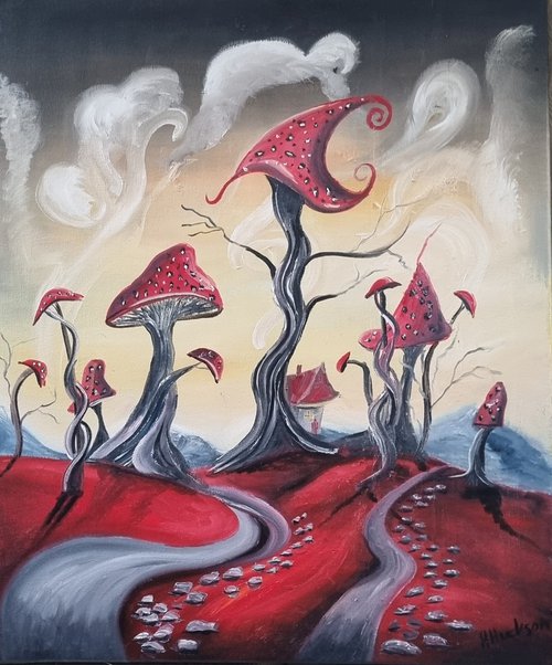 House in the Hills 20"×24" oil on canvas, red mushroom landscape by Hayley Huckson