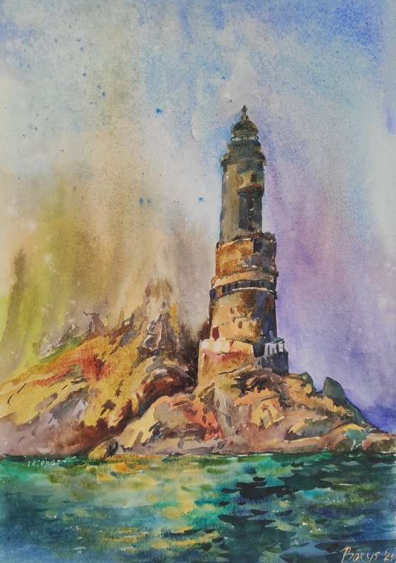 Lighthouse and cliffs - watercolor, original artwork