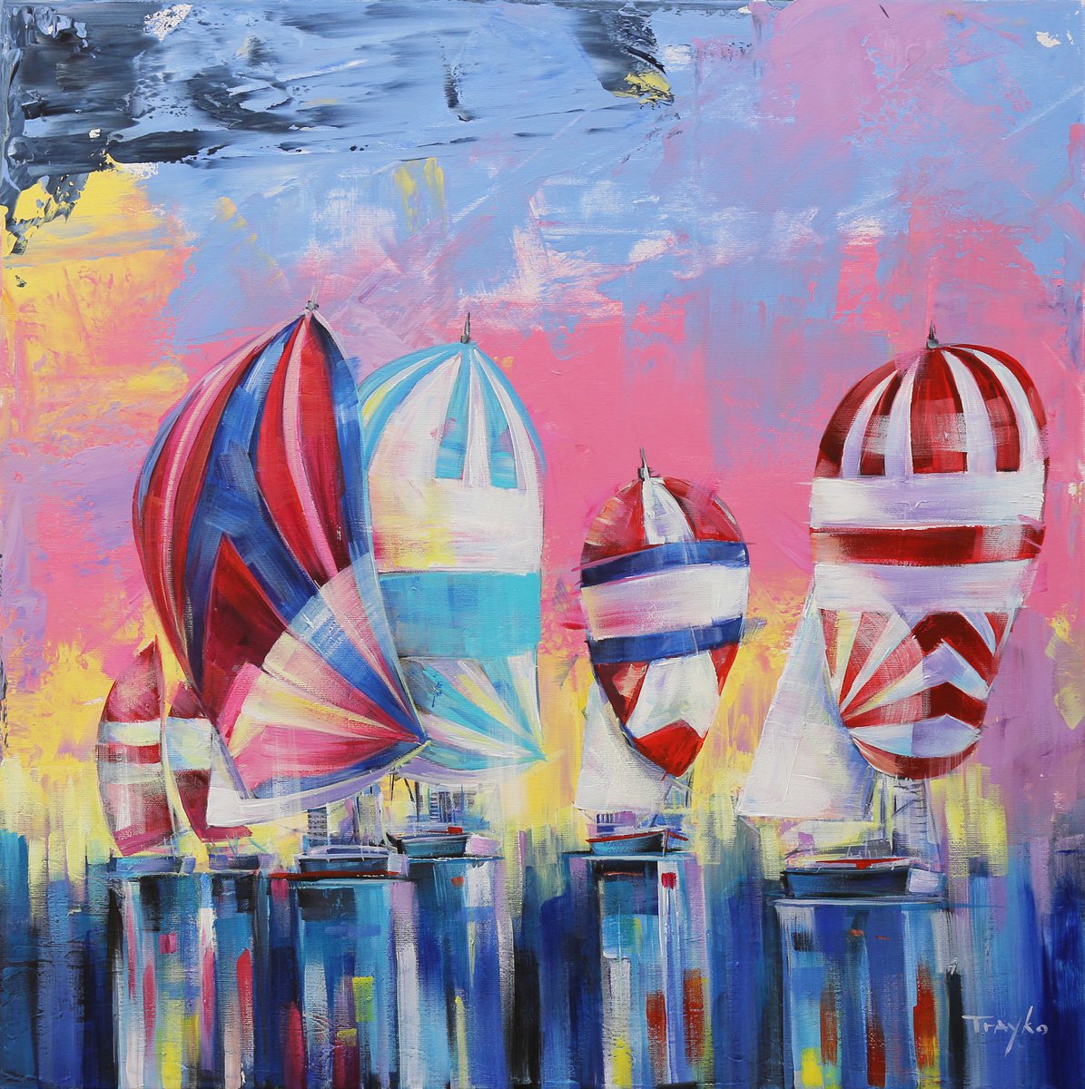 Expressive Landscape Acrylic Painting By Trayko Popov, 28 X 28", Sailing | Ocean, Original Artwork