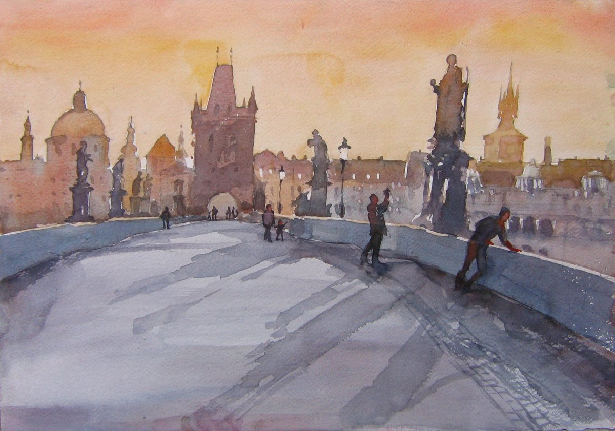 Golden Prague ( Charles bridge ) by Goran igoli? Watercolors