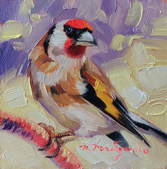 Goldfinch bird oil painting in silver frame, Small birdie art framed gift