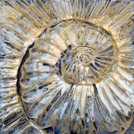 Ammonites (minimalism - ammonites textured painting in black, white and gold ) Framed, ready to hang