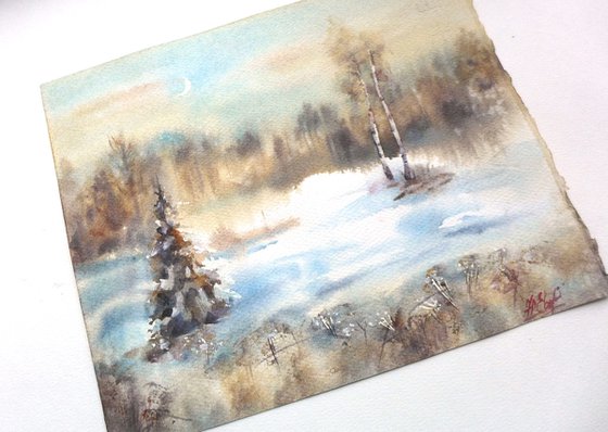 Winter forest in watercolor, Snow landscape, Moon and trees