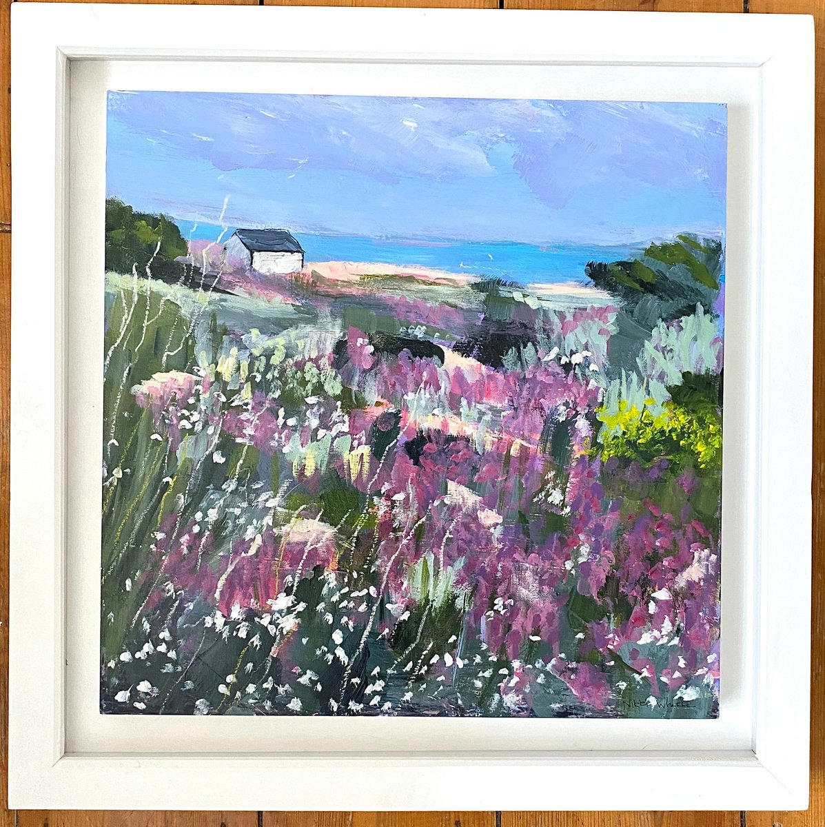 Impressionistic Landscape Acrylic Painting By Nikki Wheeler, 18 X 18", Wildflowers And Distant Beach Hut, Original Artwork