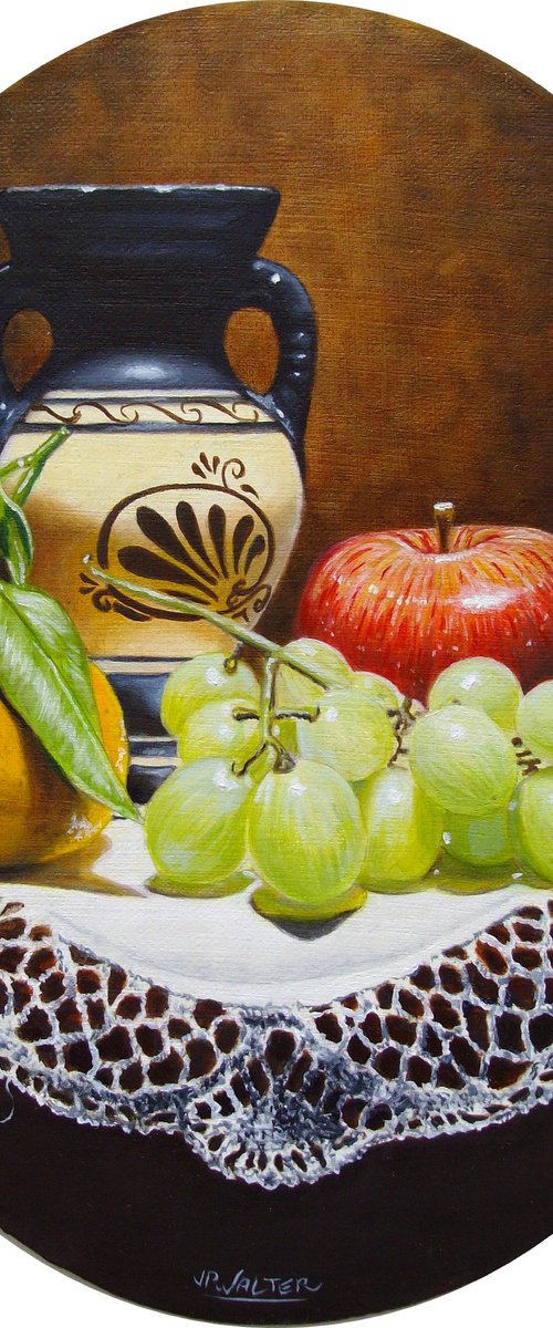 Amphora and fruit in oval by Jean-Pierre Walter