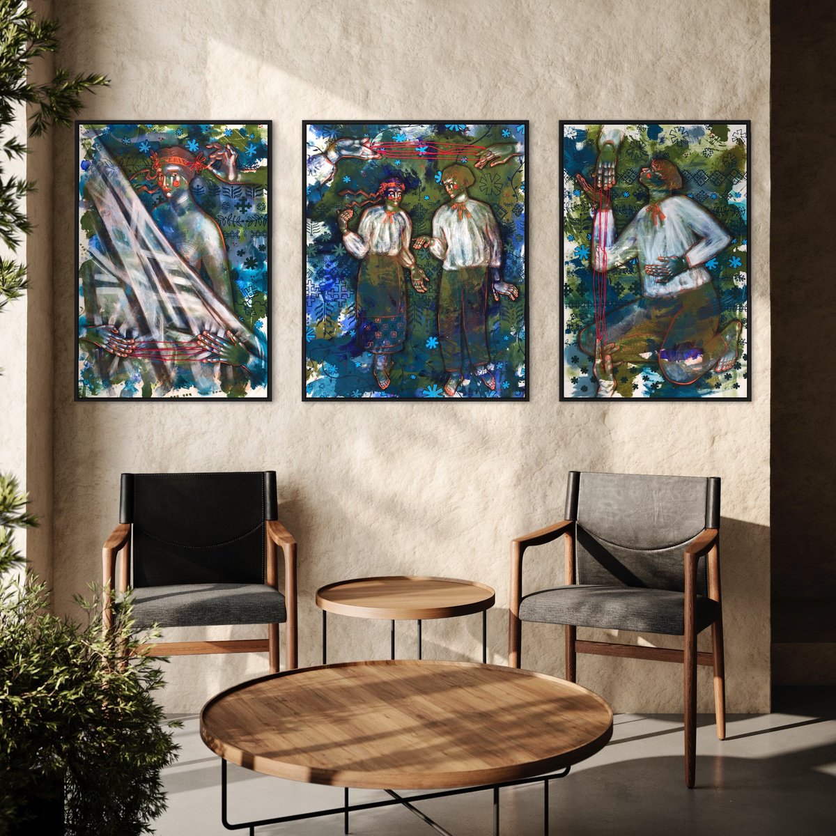 Naive Portrait Painting By Yuliia Chaika, 87 X 39", Triptych "Vilna" Folk Naive, Original Artwork