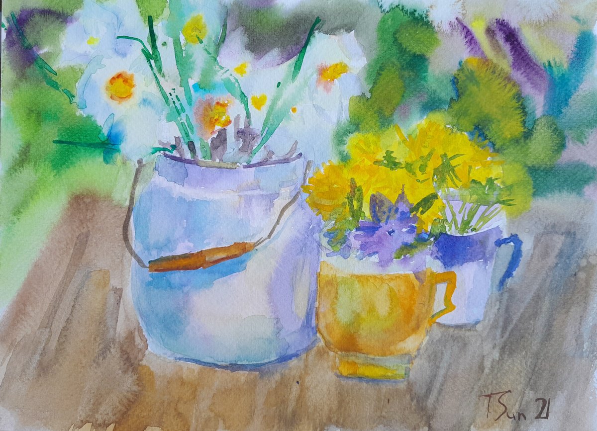 Flowers and cups Watercolour by Tanya Sun | Artfinder