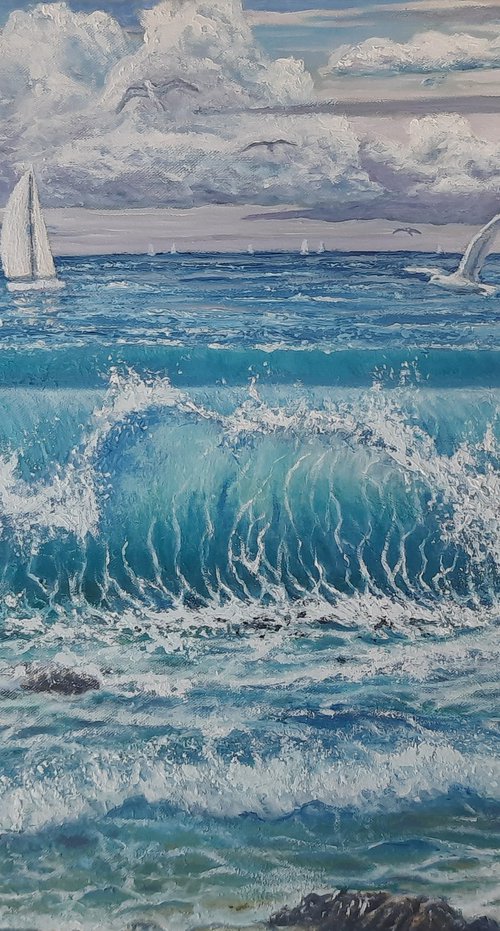 Seascape with gulls and sails. by John Howes