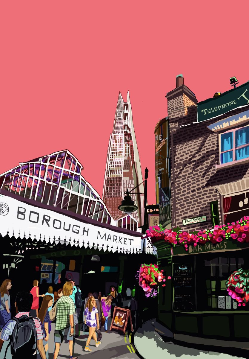 A3 Borough Market (Pink), London Illustration Print by Tomartacus