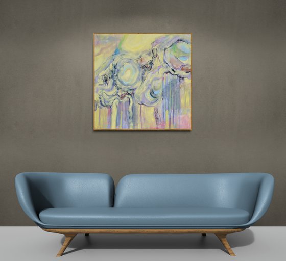 IT’S ALL HERE - large yellow abstract painting, female figure, flow, paint drips pastel blue