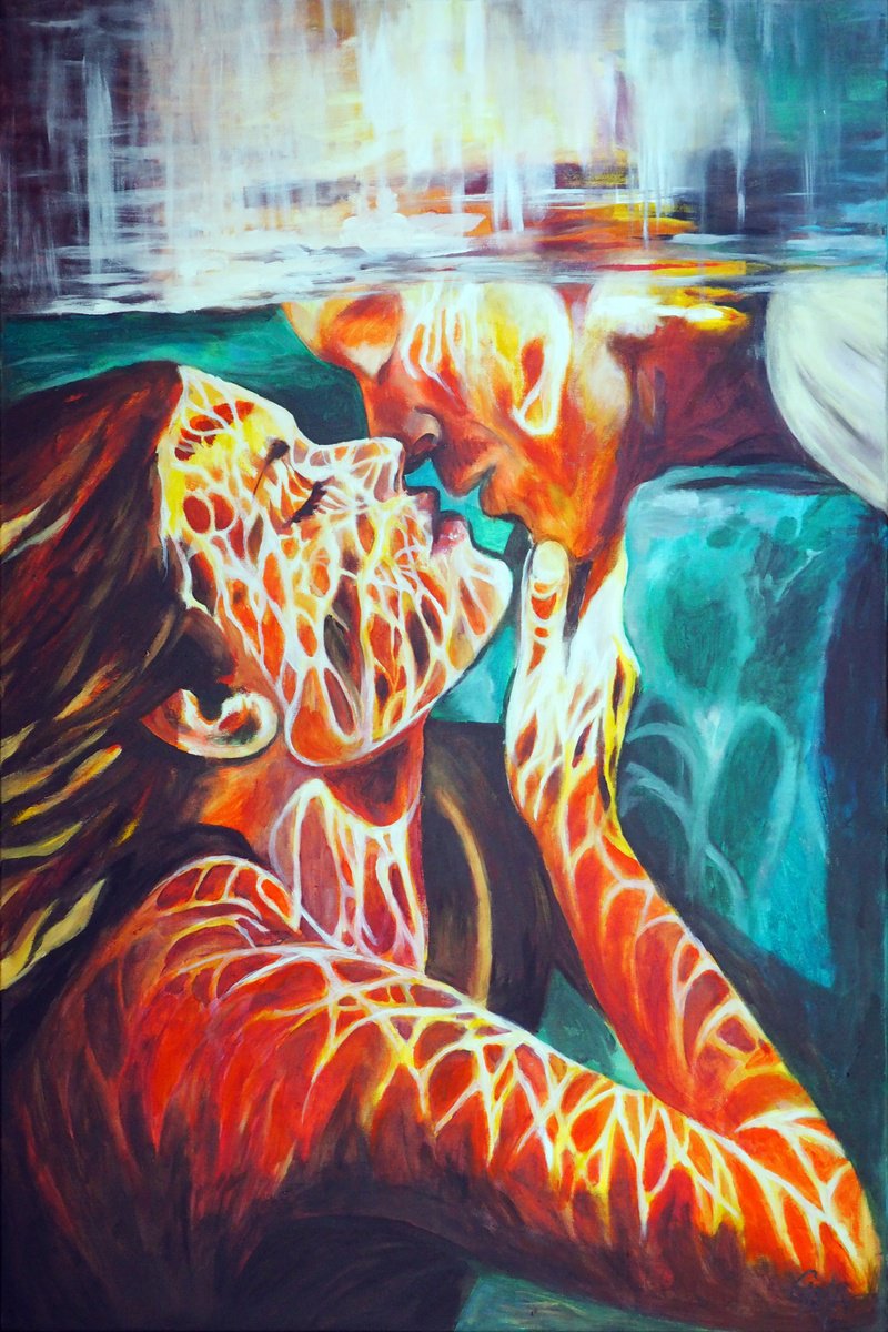 Impressionistic Portrait Acrylic Painting By Nicolas Goia, 31 X 47", Underwater Kiss, Original Artwork