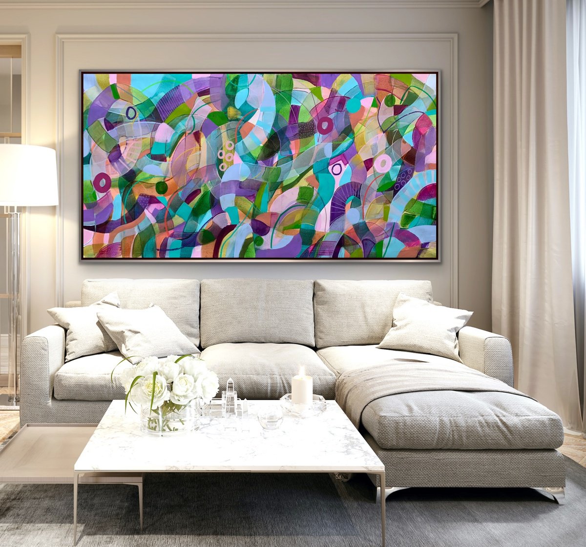 Organic Abstract Acrylic Painting By Rashna Hackett, 72 X 37", Under The Purple Sky, Original Artwork