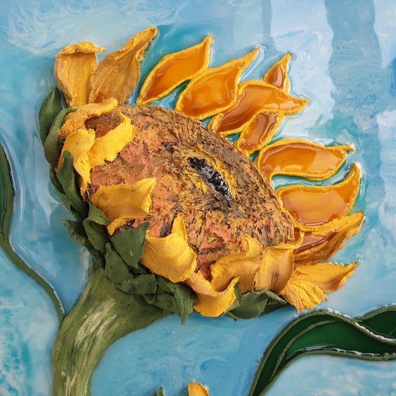 Yellow sunflowers in a vase - bright flowers in a large luxurious painting, turned from a Van Gogh bouquet in vase painting into a bas-relief epoxy art, 70x100x8 cm.