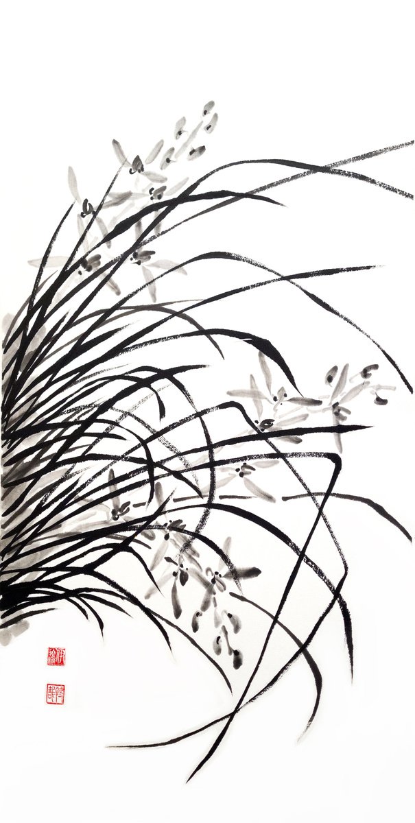 Ink monochromatic orchid grass - Oriental Chinese Ink Painting by Ilana Shechter