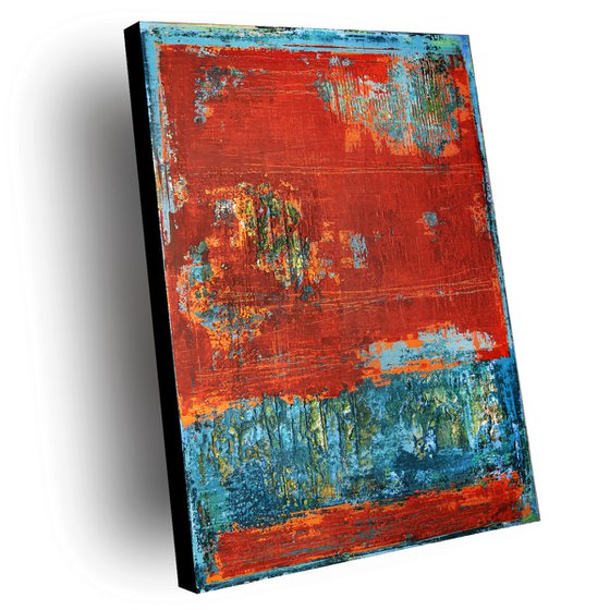RED WALL - 120 X 80 CMS - ABSTRACT ACRYLIC PAINTING TEXTURED * RED * TURQUOISE