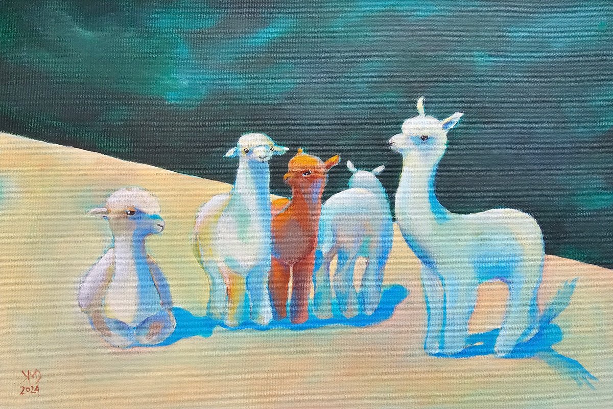 Surrealistic Animal Acrylic Painting By Ksenia June, 13 X 9", Alpaca Family Together Again, Original Artwork