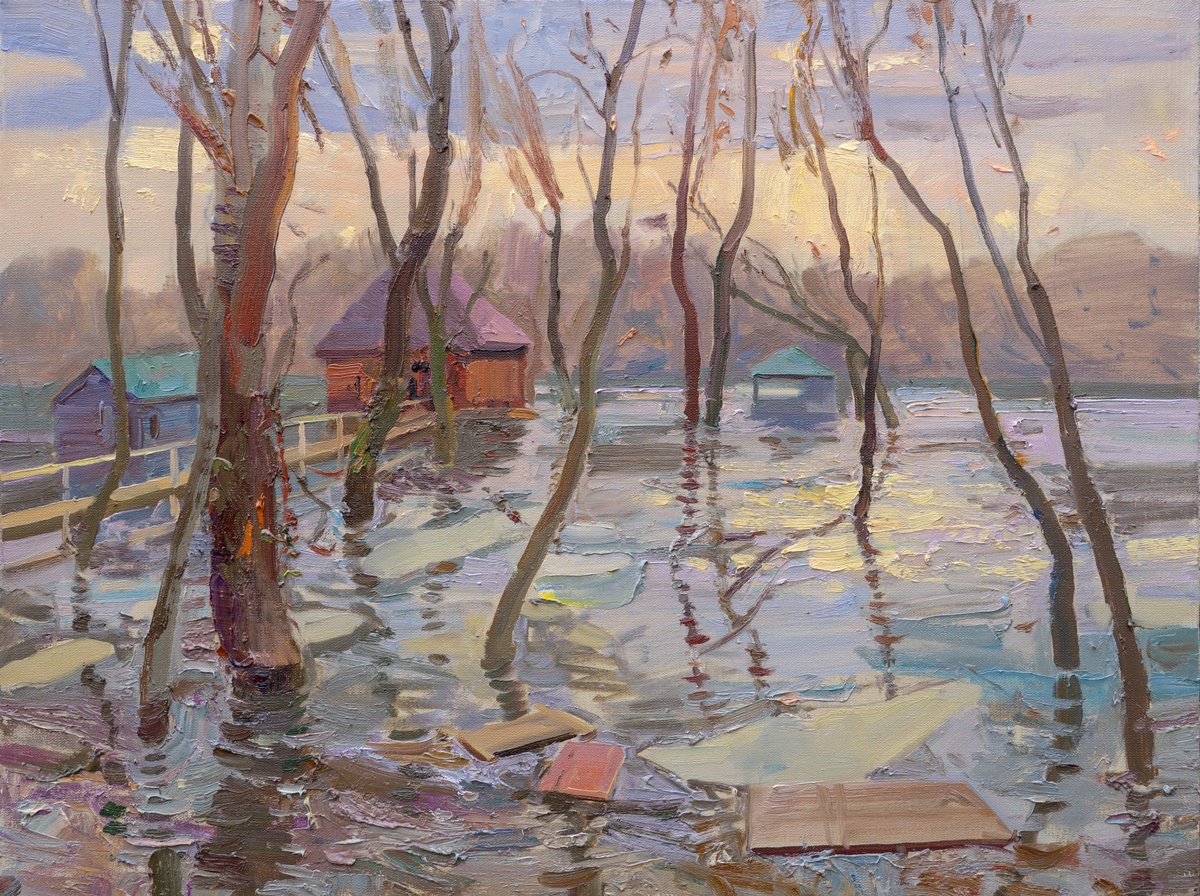 Impressionistic Landscape Oil Painting By Victor Onyshchenko, 31 X 24", Desna River Flood, Original Artwork