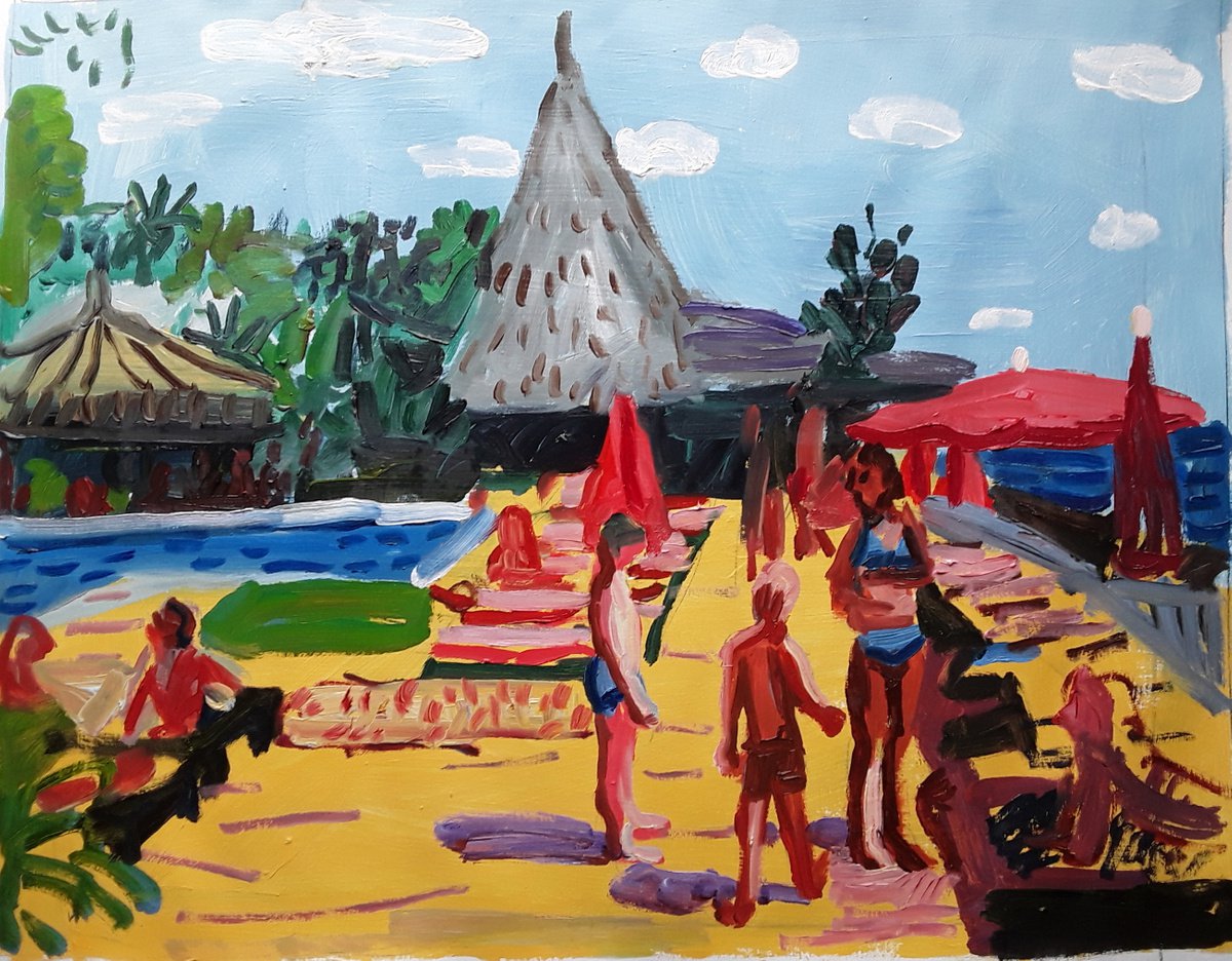 Impressionistic Portrait Oil Painting By Stephen Abela, 28 X 22", Pool Scene Marbella, 1970S (Oil On Paper), Original Artwork