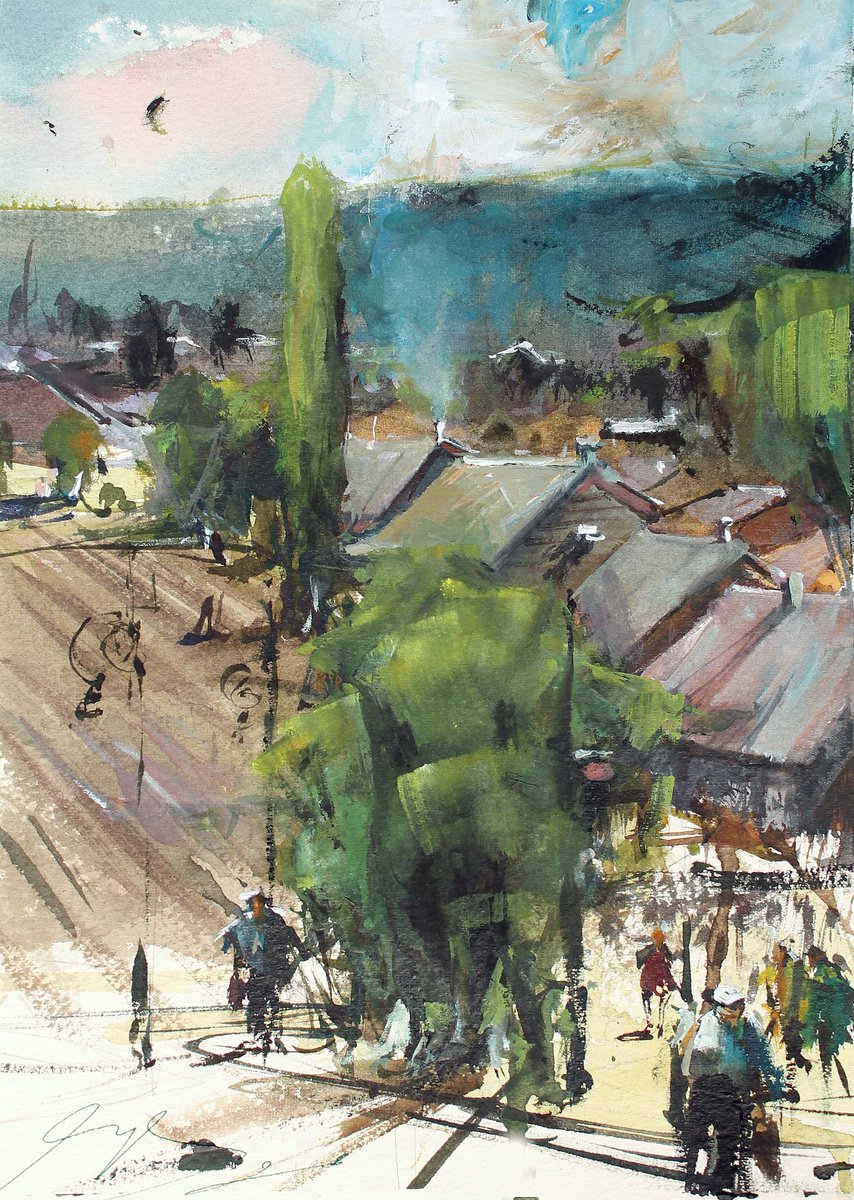 Impressionistic Landscape Watercolour By Maximo Damico, 8 X 11", Country Houses, Original Artwork