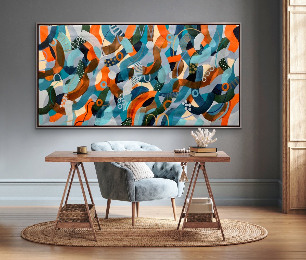 Organic Abstract Acrylic Painting By Rashna Hackett, 72 X 37", September Air, Original Artwork