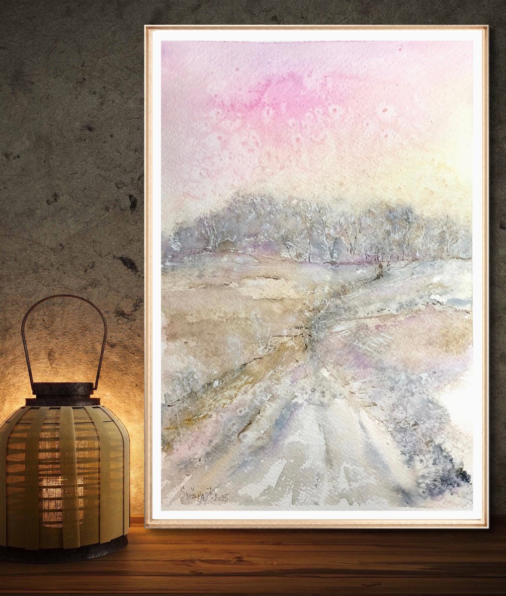Impressionistic Landscape Watercolour By Snezana Djordjevic, 10 X 14", The Gentle Touch Of Winter, Original Artwork