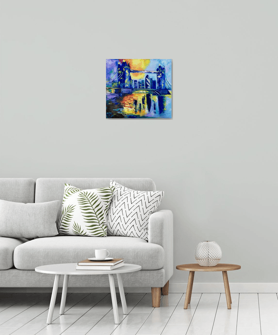 London night, Tower bridge, impressionism.City of London, River Thames, water reflections, sunset, palette knife painting,   variations of blue colours: ultramarine, navy blue, turquoise, sky blue, cobalt, palette knife original artwork.