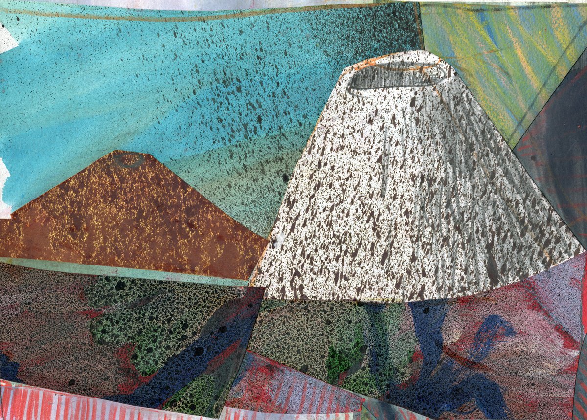 Expressive Abstract Collage By Elizabeth Anne Fox, 12 X 8, Two Volcanos, Original Artwork