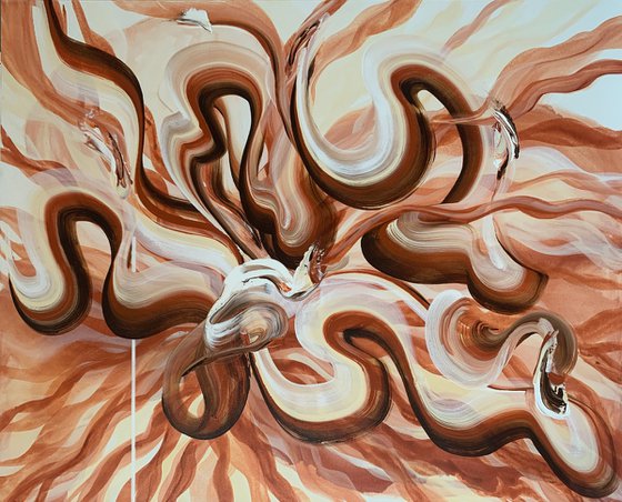 Swirls. White brown ribbons large Abstract Art.